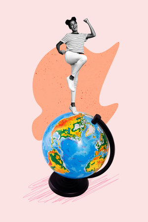 Vertical composite collage image picture of mini girl raise fists huge world globe isolated on creative backgroundの写真素材