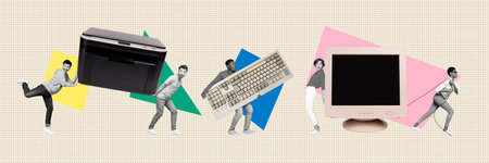 Composite trend artwork 3D sketch image photo collage of workspace human resources man lady friends coworking keypad printer computerの写真素材