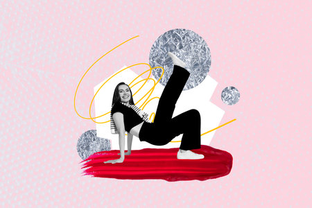 Composite trend artwork 3D sketch image collage of carefree party occasion young woman smile attractive breakdance funky moving dance funの写真素材