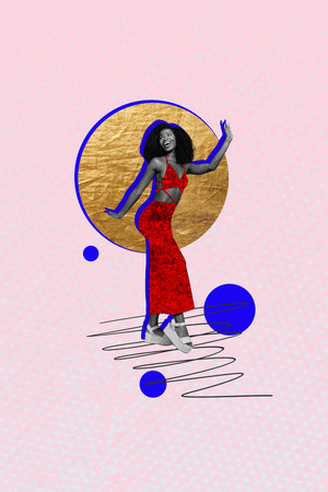Vertical poster collage young gorgeous girl disco dancer clubber motion festive event drawing background weekend leisureの写真素材