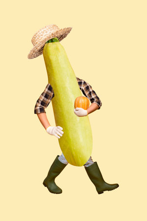 Artwork sketch collage of yellow backdrop caricature young person gardener farmer bodyless zucchini vegetable wear hat walk hold pumpkinの写真素材