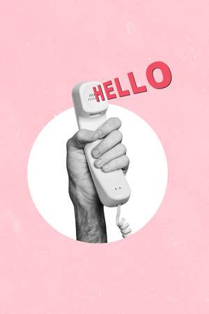 Vertical photo collage of human hand hold retro telephone handset hallo network telecommunication line isolated on painted backgroundの写真素材