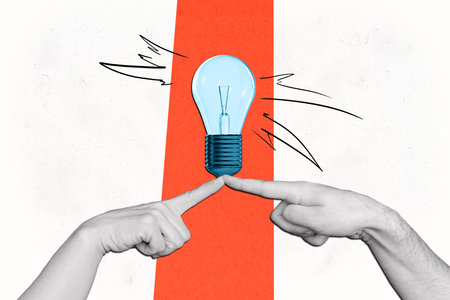 Composite photo collage of hands index finger touch together collaboration light bulb idea plan business isolated on painted backgroundの写真素材