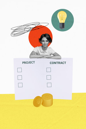 Vertical picture collage young woman hr job offer project contract manager lightbulb success idea plan rich salary golden coins employmentの写真素材