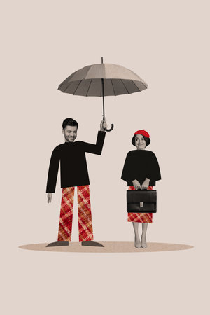 Trend artwork sketch collage of autumn season weather education study young man stand outdoors hold umbrella bad weather protect ladyの写真素材