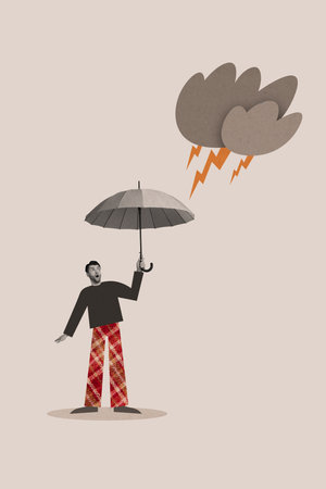 Trend artwork sketch image collage of autumn season weather education study young man stand outdoors hold umbrella bad weather thunderの写真素材