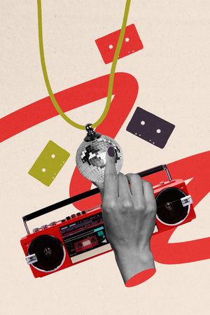 Vertical photo collage of hand hold disco ball shiny necklace accessory retro boombox occasion party...
