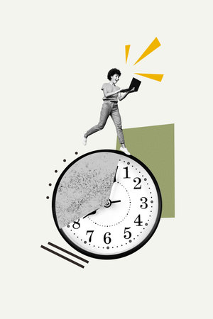 Vertical poster collage young woman employee remote worker freelancer time management clock schedule...