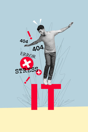 Vertical photo collage of astonished man it programmer master 404 error problem cyberattack virus...