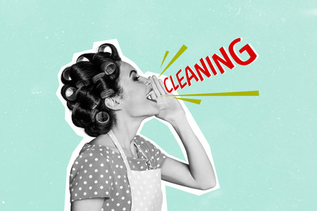 Composite trend artwork sketch photo collage of retro picture vintage obsolete style young woman housewife say loud speak cleaning taskの写真素材