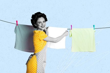 Creative collage picture young beautiful cheerful lady housekeeper wife maid hang clothes wet...