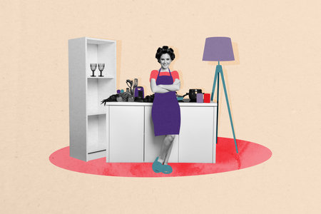 Composite photo collage of happy housemaid stand kitchen table cleaning food cooking preparation chores isolated on painted backgroundの写真素材