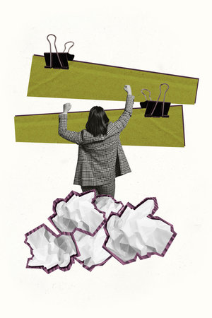 Vertical collage young businesswoman agent manager clueless ask help escape overloaded employee paper trash fragments drawing backgroundの写真素材