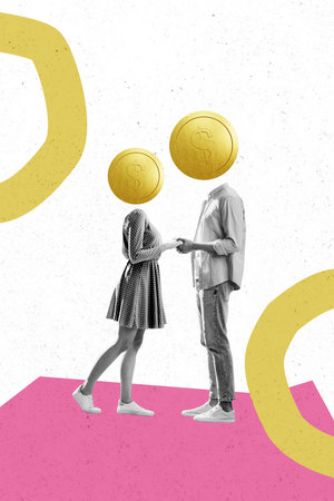 Artwork sketch image photo collage of job trader business money dollar bitcoin cash head coins young lady man couple hand hold togetherの写真素材
