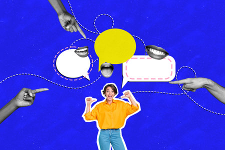Trend artwork sketch image collage of blue color space speech cloud message young excited lady thumb gesture self finger point face smileの写真素材