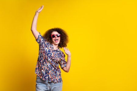 Photo portrait of pretty young girl sunglass dance have fun wear trendy colorful outfit isolated on...