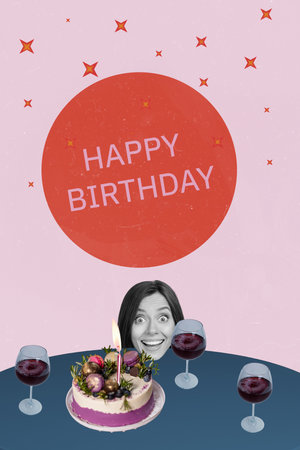 Trend artwork composite image collage of happy birthday anniversary greeting card young woman head appear table smile wine glass cupcakeの写真素材