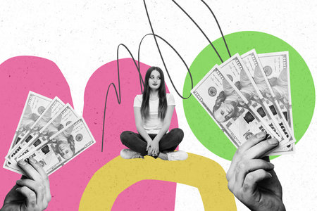 Creative collage poster young girl sit decide think hands body fragments banknotes money finance...