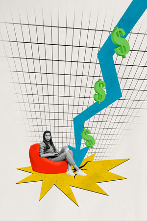 Composite trend artwork photo collage of trader business wealth young lady work laptop shocked face lose money arrow down crisis decreaseの写真素材