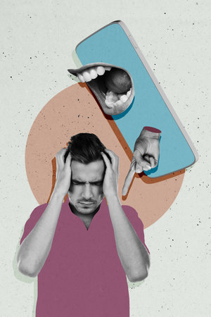 Vertical photo collage of upset man hold head faceless mouth hand blame finger cyberbullying phone threat isolated on painted backgroundの写真素材