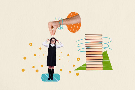 Composite photo collage of astonished schoolgirl hold book roof bookworm hobby library literature...