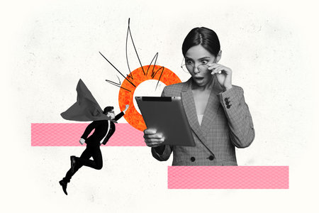 Composite photo collage of shocked business girl hold tablet serious man wear superhero suit fly development isolated on painted backgroundの写真素材