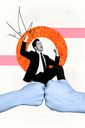 Vertical photo collage of people two hands fist kick together boom collaboration happy man winner success isolated on painted backgroundの写真素材