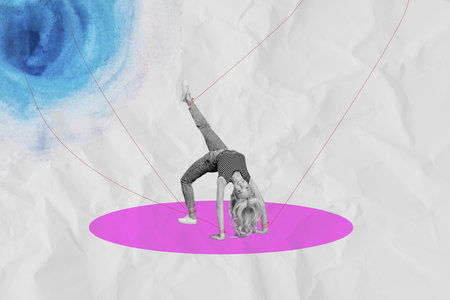 Creative abstract template collage of young female upside down bridge pose hang puppet marionette...
