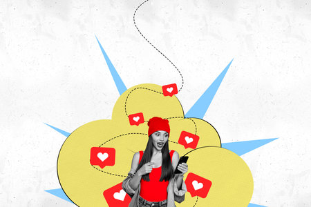 Creative collage poster young woman blogger social media network communication influencer like followers smm targetologistの写真素材