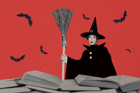 Composite trend artwork sketch image collage of autumn season Halloween holiday lady witch hold broomstick read book trick or treat posterの写真素材