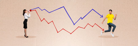 Artwork image collage of successful woman boss screaming shouting isolated on drawing cardboard backgroundの写真素材