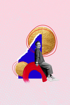 Vertical collage poster mature cheerful woman grandmother positive carefree mood painted brush color fragments cutouts figuresの写真素材