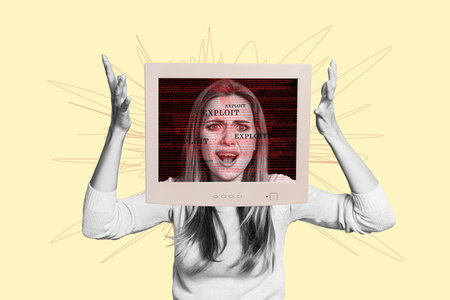 Composite photo collage of irritated girl wear pc monitor screen brainwash agitation addiction...