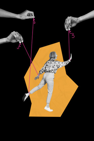 Composite trend artwork 3D sketch image collage of workspace aged woman stand walk toy doll puppeteer hands hold rope manipulate movingの写真素材