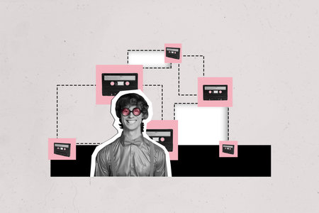 Composite trend artwork sketch image collage of beige color space monochrome miniature young man listen music cassette retro obsoleteの写真素材