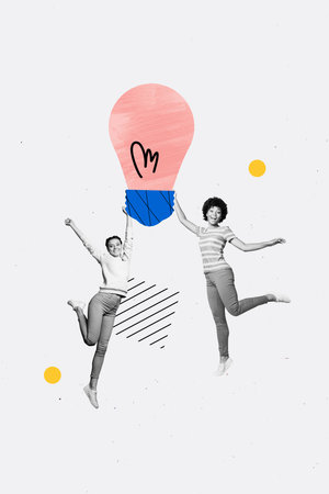 Vertical photo collage of two happy business partners light bulb idea success strategy teamwork diode isolated on painted backgroundの写真素材