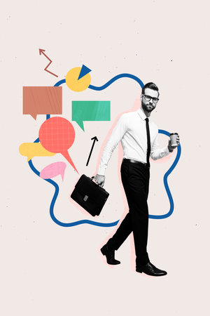Vertical photo collage of serious businessman carry coffee cup briefcase text box communication bubble isolated on painted backgroundの写真素材