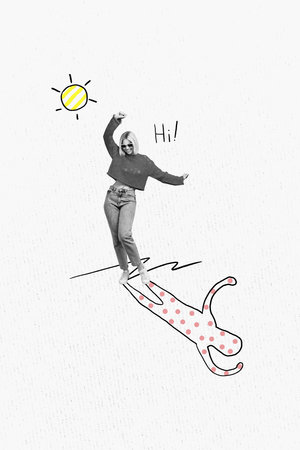 Vertical photo collage of happy blonde girl dance summer sunny weather season shadow greeting spring isolated on painted backgroundの写真素材