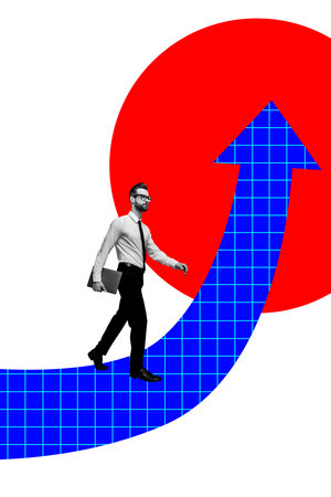 Composite trend artwork sketch image photo collage of arrow direction job trader business young man hold laptop walk up career promotionの写真素材