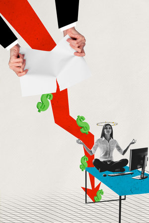 Trend artwork sketch image photo collage of trader business arrow down work young lady meditate table crisis loss money break contractの写真素材