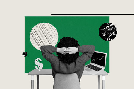 Composite photo collage of anonym businesswoman sit office table dollar income success freelance development isolated on painted backgroundの写真素材