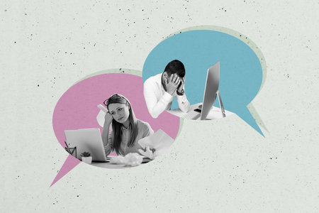 Composite photo collage of unhappy girl guy business colleague correspondence work crisis problem bubble isolated on painted backgroundの写真素材