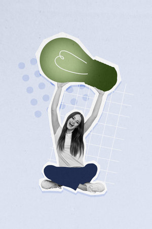 Vertical photo collage of happy girl hold big light bulb business idea finding concept solution development isolated on painted backgroundの写真素材