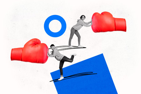 Composite photo collage of two happy boxer girl guy combat fight competition sportive lifestyle box isolated on painted backgroundの写真素材