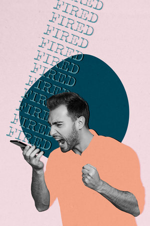 Vertical photo collage of angry unemployed man scream phone device cut staff fired dismissal concept jobless isolated on painted backgroundの写真素材