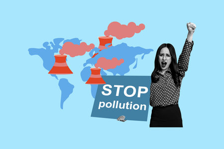 Creative collage of activist female strike hold banner stop pollution power plant ecology save world unusual fantasy billboard comics zineの写真素材