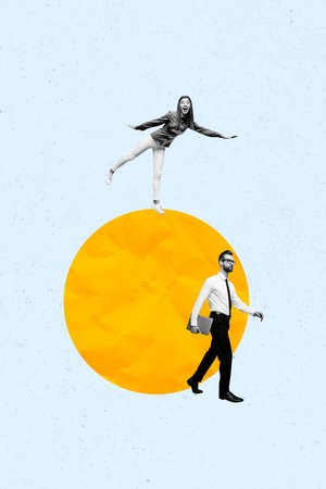 Vertical photo collage of two business colleagues happy girl serious guy circle figure development teamwork isolated on painted backgroundの写真素材