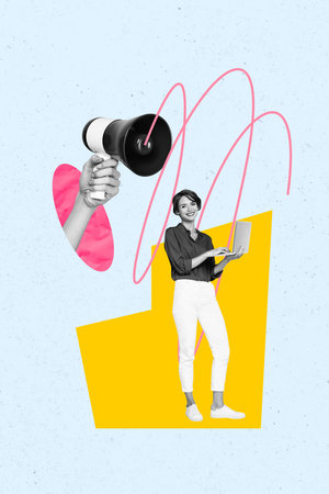 Vertical photo collage of businesswoman type laptop device boss hand control megaphone workload pressure isolated on painted backgroundの写真素材