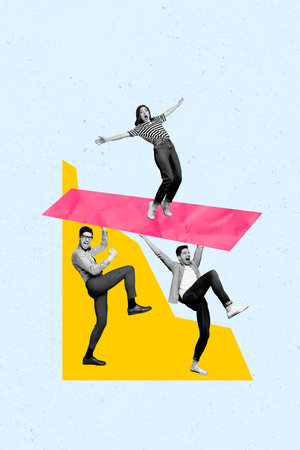 Vertical photo collage of happy business partners man carry figure astonished girl teamwork development isolated on painted backgroundの写真素材