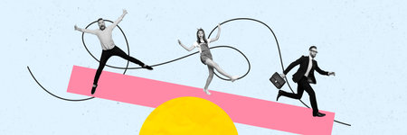 Composite panoramic collage of three business partners jump run career development scales promotion concept isolated on painted backgroundの写真素材